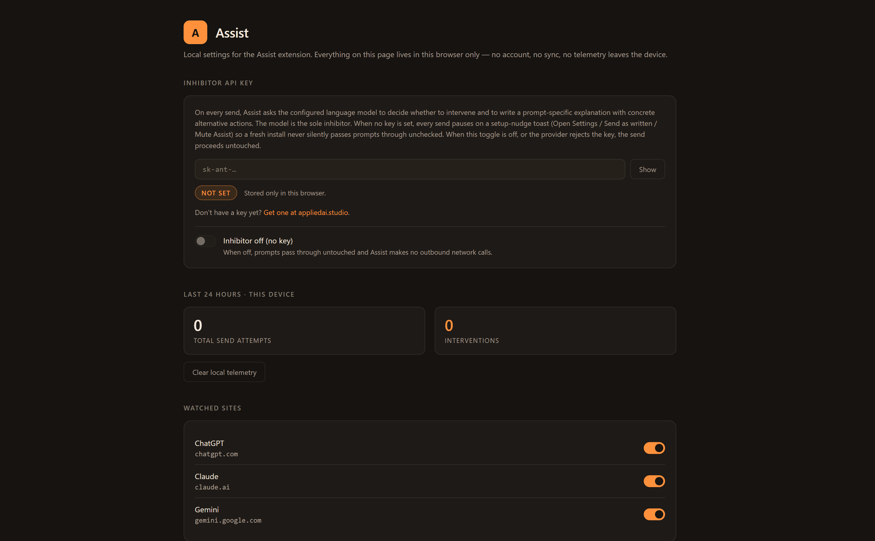 Inhibitor Assist getting-started panel showing the active key and supported sites